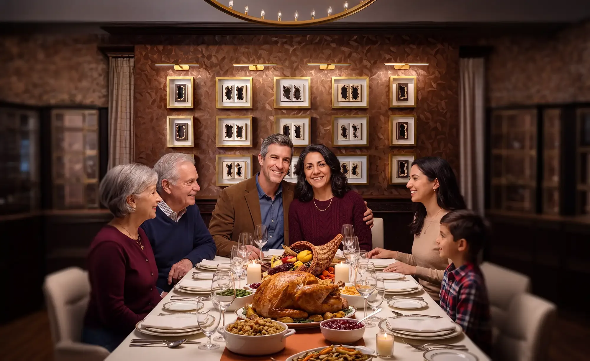 Family enjoying a Thanksgiving dinner with roast turkey and all the classic sides at 980 Prime